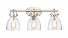 Innovations Lighting 411-3W-SN-G412-7CL - Newton Bell - 3 Light - 27 inch - Satin Nickel - Bath Vanity Light